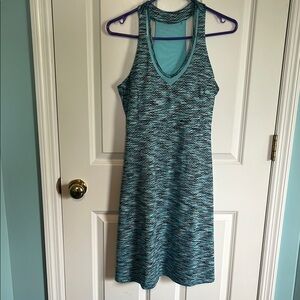 MPG Women's Blue Patterned Mini Dress with pocket and built in bra.